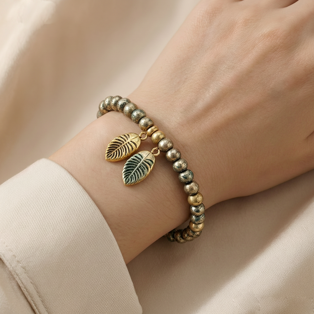 Vintage Leaf Charm Beaded Bracelet